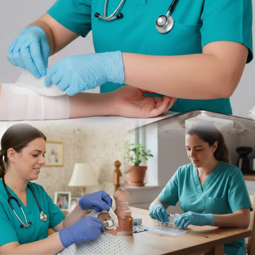 Ambulante Pflege im Kreis Heinsberg: Pflegekraft bei Wundversorgung und Medikamentenstellung beim Patienten zuhause